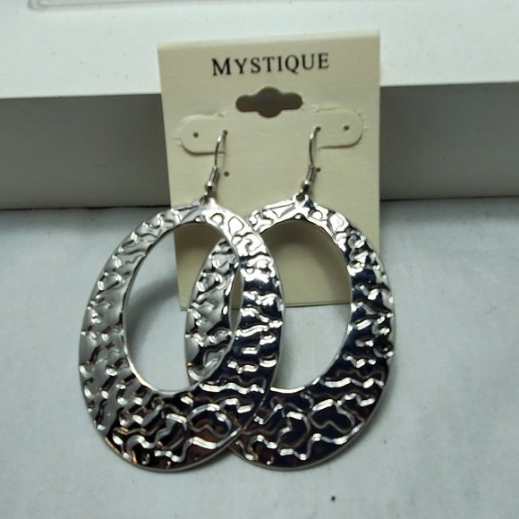 Mystique large silver hammered dangle fish hook earring - Picture 2 of 5